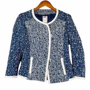 Yoana Baraschi Blue & White Tweed Asymmetrical Leather Trim Blazer Jacket Size 2